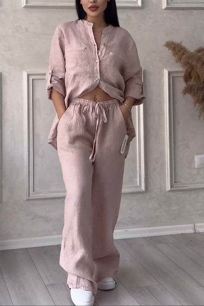 Casual Solid Color Cotton And Linen Pants Two-Piece Set