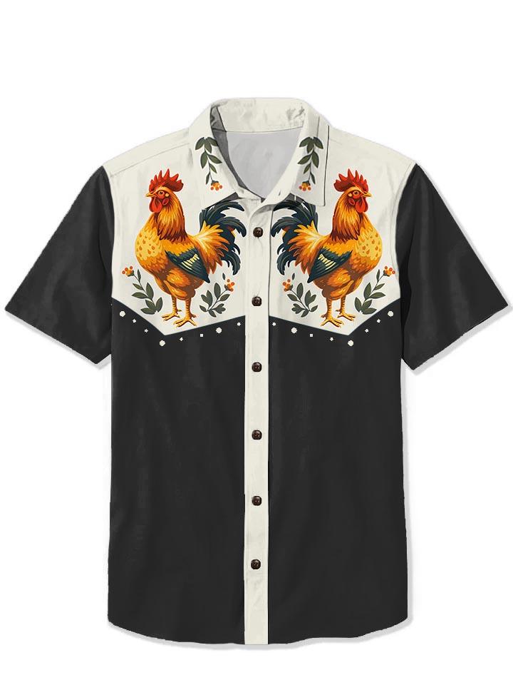 Vintage Cute Chicken With Animal Designs Print Casual 100% Cotton Shirt