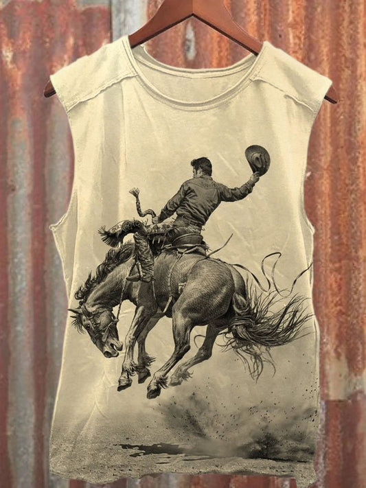 Vintage Wild Cowboy Art Print Casual Shirt Tee