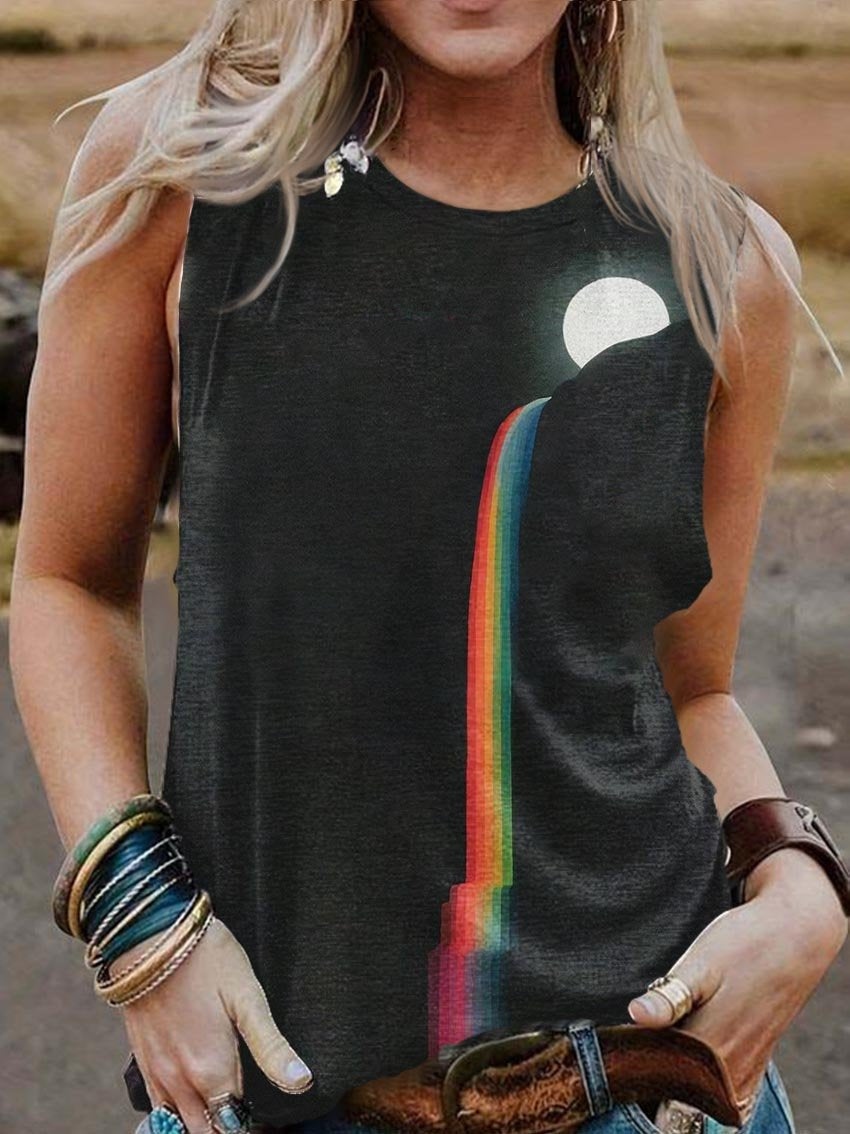 Rainbow Fall Moon Art LGBT Rainbow Vintage Print Casual Tank Top