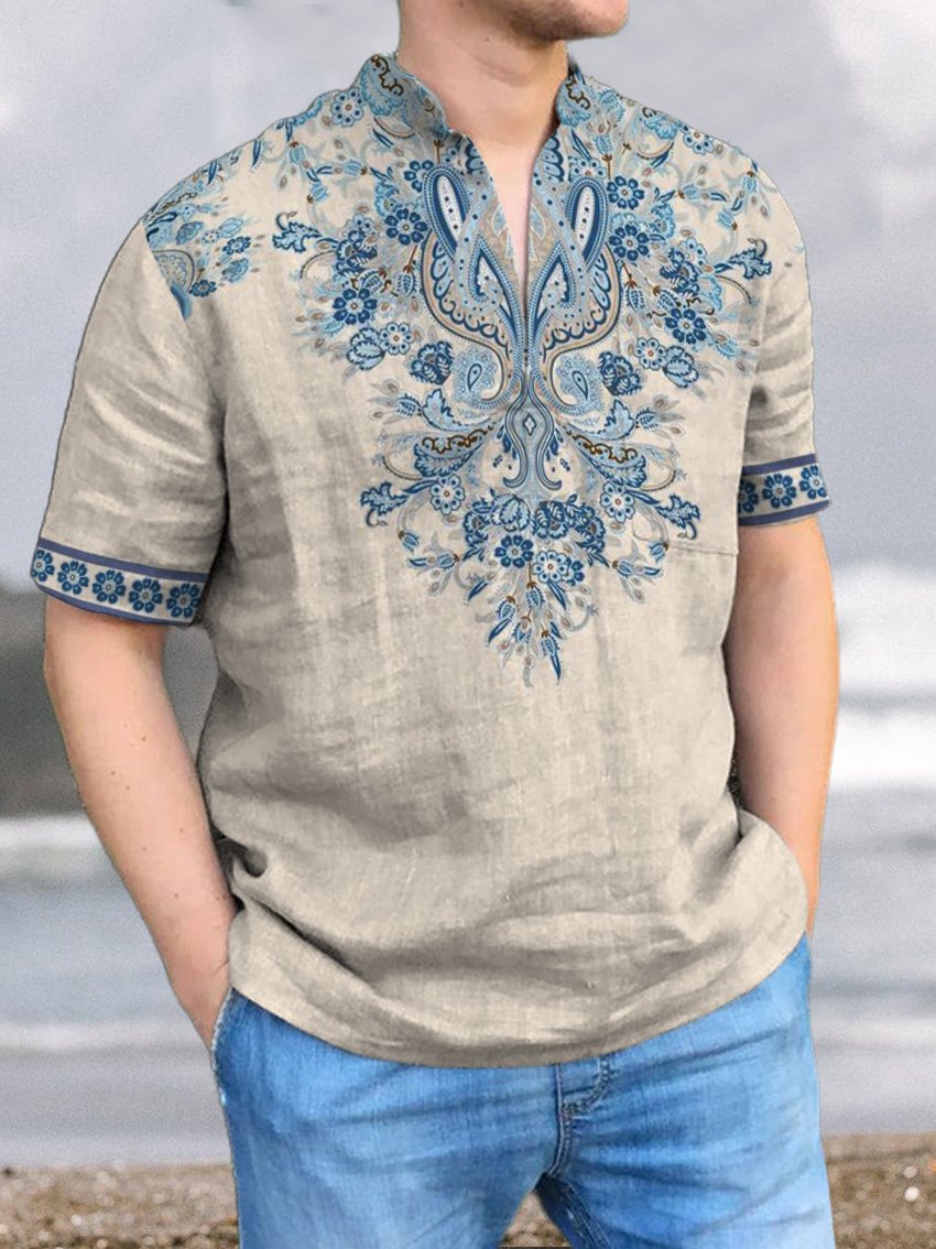 Blue Bohemian National Style Vintage Print Casual 100% Cotton Shirt