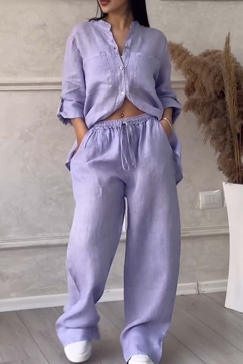 Casual Solid Color Cotton And Linen Pants Two-Piece Set