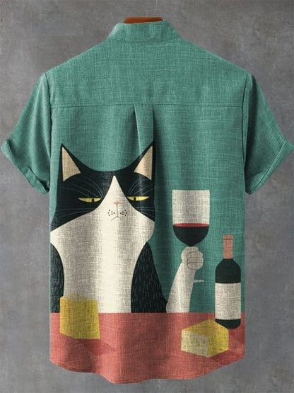 Interesting Simple Drinking Cat Art Print Casual 100% Cotton Shirt