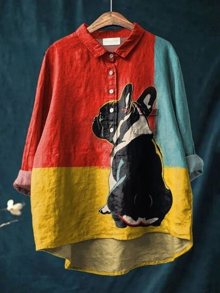 French Bulldog Looking Back In Front Of Tricolor Background Casual Cotton And Linen Shirt