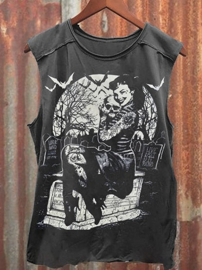 Unisex Retro Tattooed Girl Graveyard Skull Punk Print 100% Cotton Casual Tank Top