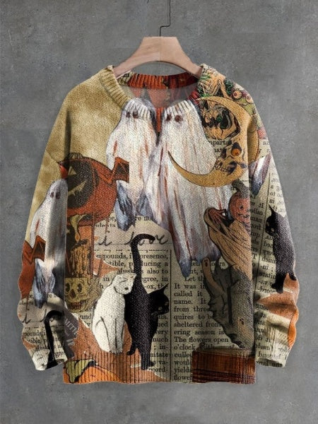 Halloween Ghosts and Cats Decorative Pattern Knit Pullover Sweater