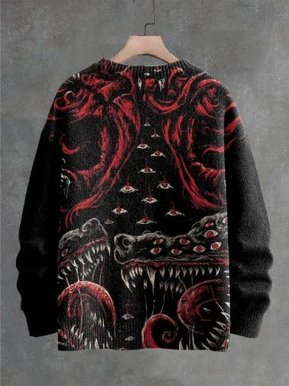 Multi-Eyed Monster Roaring Decorative Pattern Knit Pullover Sweater