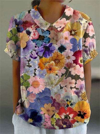 Women's Vintage Floral Art Print Casual Cotton And Linen Shirt