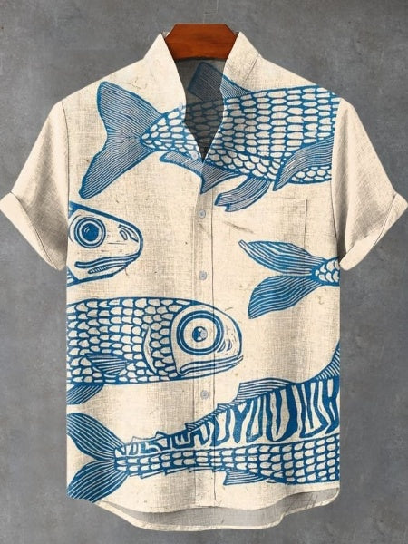 Blue Minimalist Line Fish Vintage Print Casual 100% Cotton Shirt