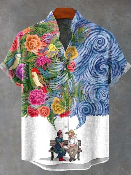 Vintage Frida Kahlo And Vincent Van Gogh Print Casual 100% Cotton Shirt