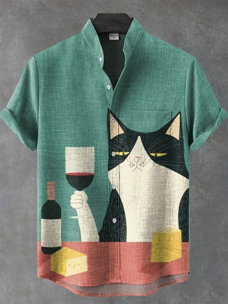 Interesting Simple Drinking Cat Art Print Casual 100% Cotton Shirt