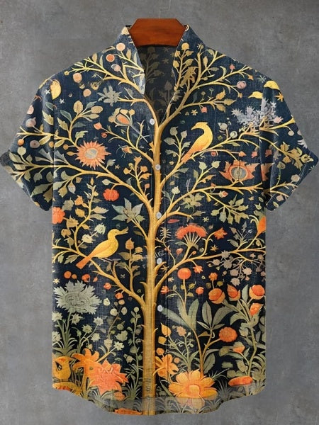 Indian Art Tree Bird Floral Vintage Print Casual 100% Cotton Shirt