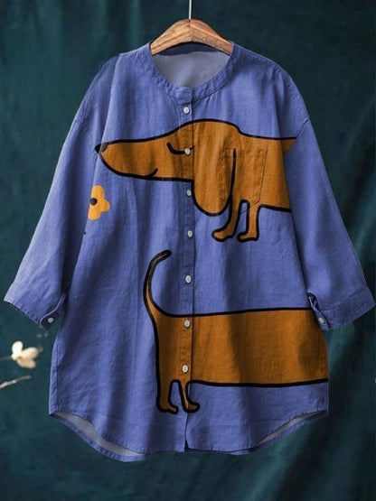 Cute Dachshund Floral Art Print Cotton And Linen Long Sleeve Shirt