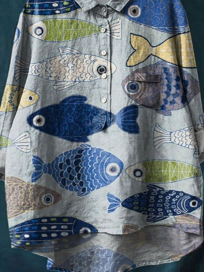 Vintage Lovely Fish Art Print Casual Cotton And Linen Shirt