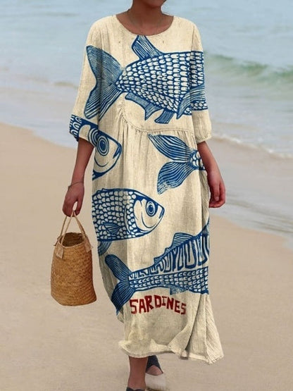 Women's Vintage Fish Sardines Art Print Flowy Dress