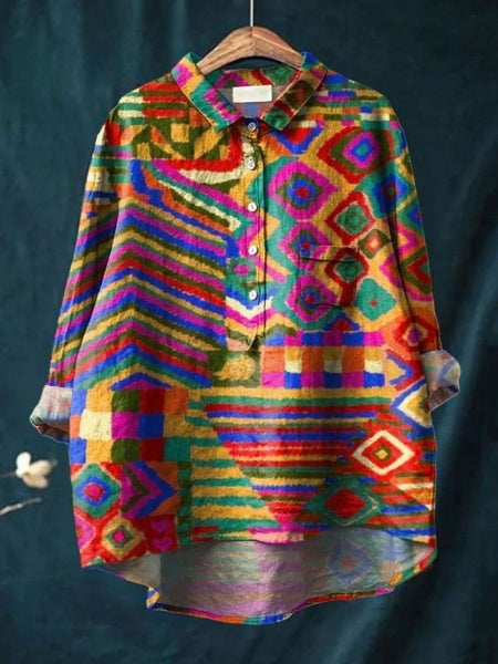 Women's Vintage Ethnic Art Print Casual Cotton And Linen Shirt