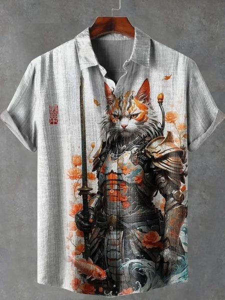 Men's Japan Lucky Koi Cat Warrior Ink Painting 100% Cotton Shirt