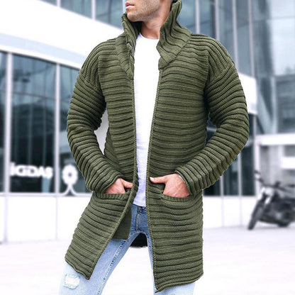 Men's Solid Stand Collar Mid-Length Knit Cardigan