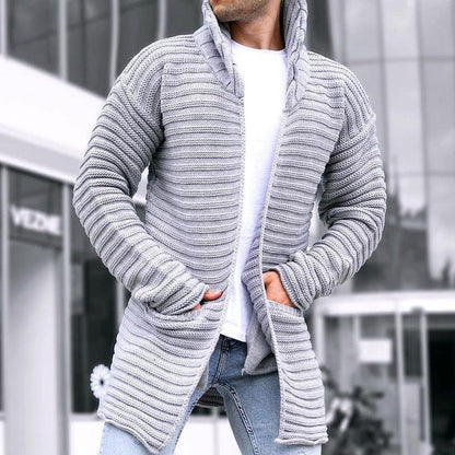 Men's Solid Stand Collar Mid-Length Knit Cardigan