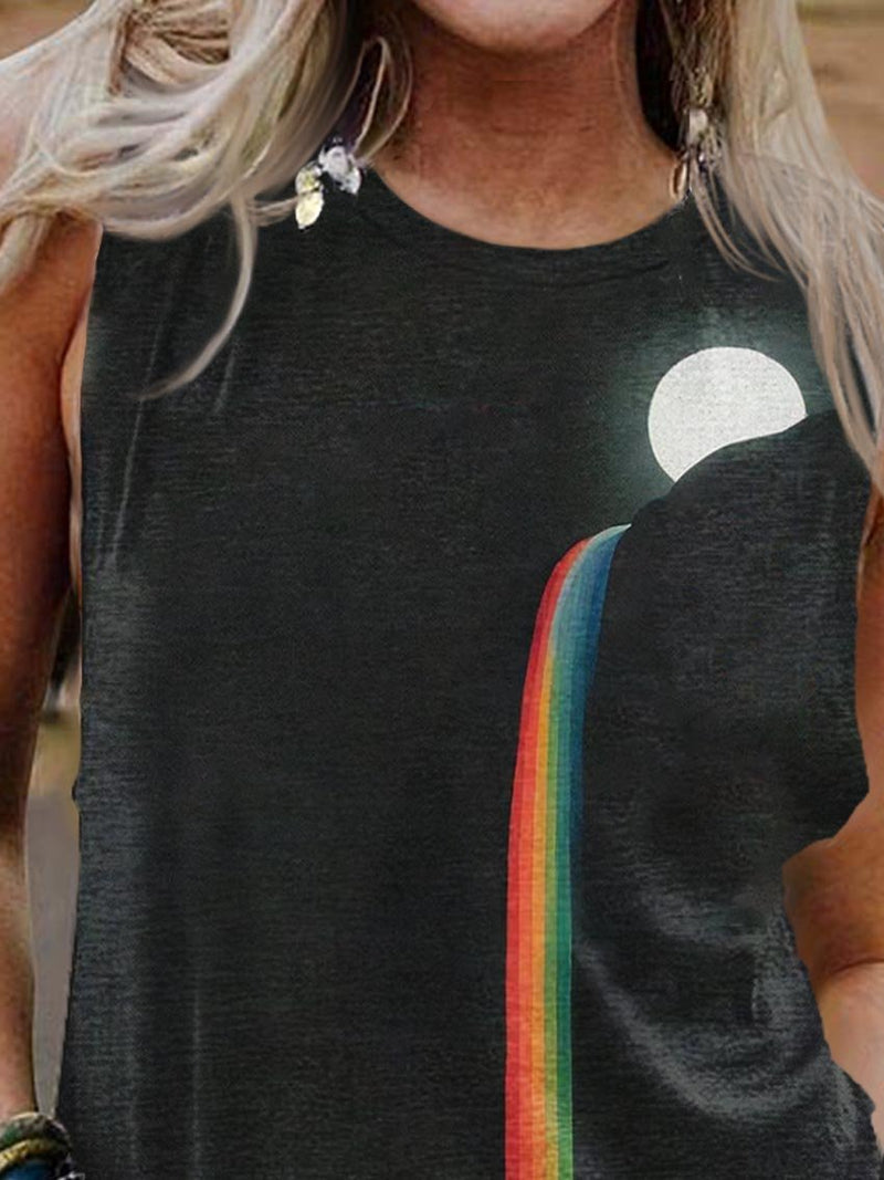 Rainbow Fall Moon Art LGBT Rainbow Vintage Print Casual Tank Top