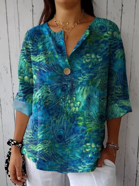 Women's Peacock Feather Print Casual Cotton Linen Shirt