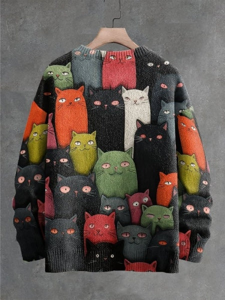 Colorful Cats Decorative Pattern Knit Pullover Sweater