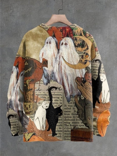 Halloween Ghosts and Cats Decorative Pattern Knit Pullover Sweater