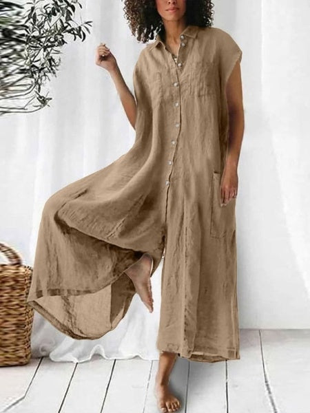 Women's Cotton And Linen Solid Color Short Sleeve Jumpsuit