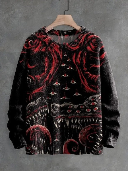 Multi-Eyed Monster Roaring Decorative Pattern Knit Pullover Sweater