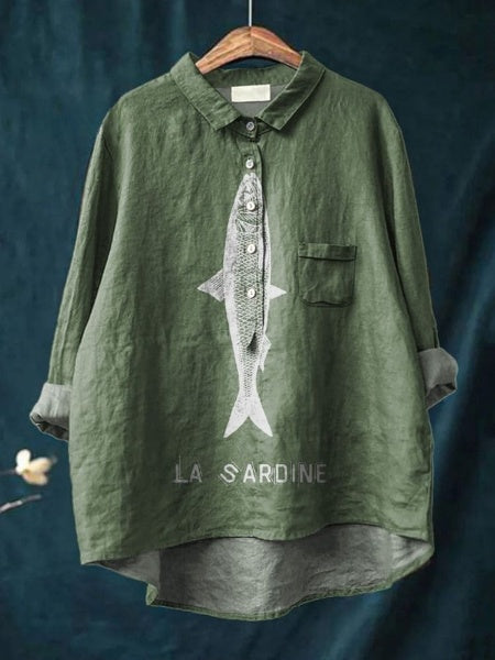 Sardine Fish Graphic Printed Women's Casual Cotton And Linen Shirt