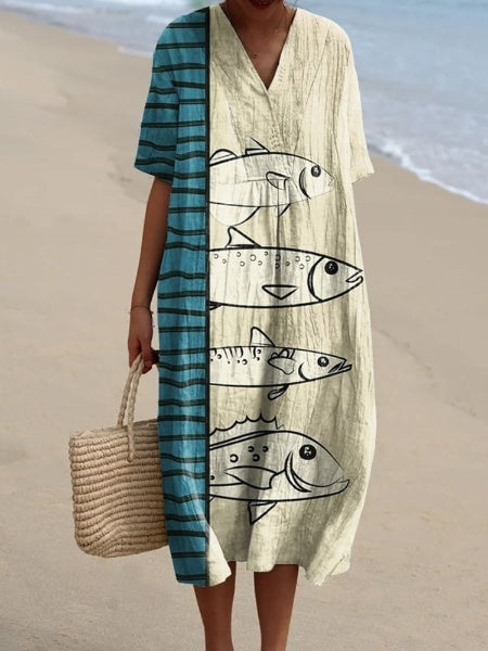 Women's Fish Art Print Flowy Dress