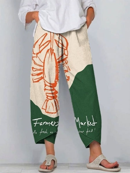 Women's Vintage Fish Market Lobster Art Print Cotton And Linen Casual Pants