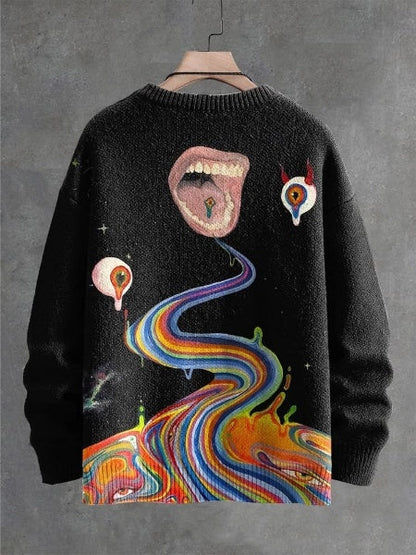 Multicolor Retro Fantasy Eyes Halloween Art Print Knit Pullover Sweater