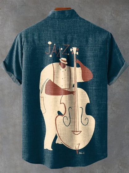 Decorative Pattern Of Jazz Cellist Playing Casual 100% Cotton Shirt