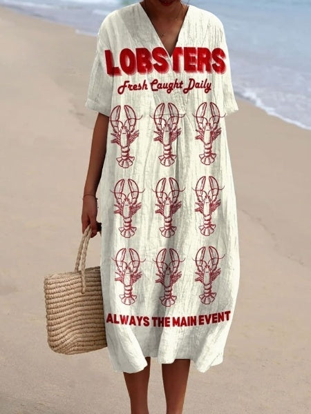 Women's Vintage Fish Lobster Art Print Flowy Dress