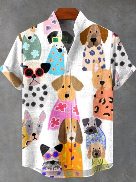 Fun And Colorful Dog Print Vintage Print Casual 100% Cotton Shirt