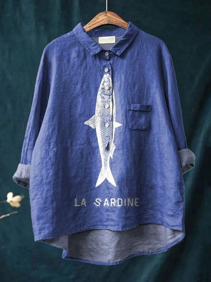 Sardine Fish Graphic Printed Women's Casual Cotton And Linen Shirt