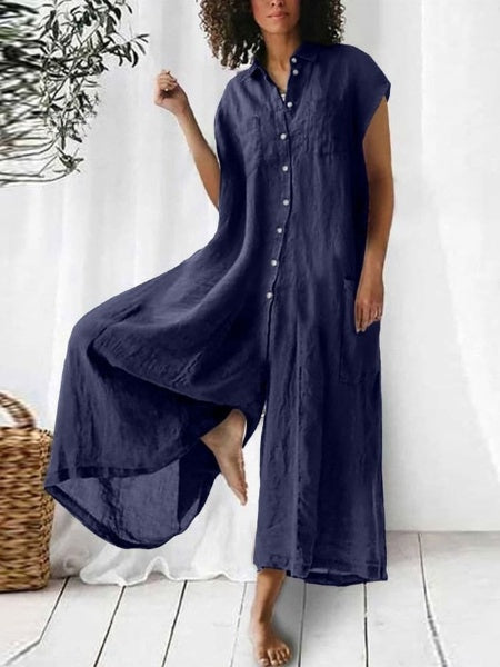 Women's Cotton And Linen Solid Color Short Sleeve Jumpsuit