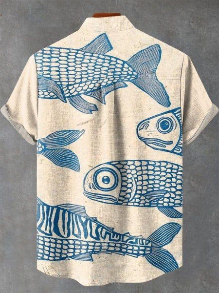 Blue Minimalist Line Fish Vintage Print Casual 100% Cotton Shirt