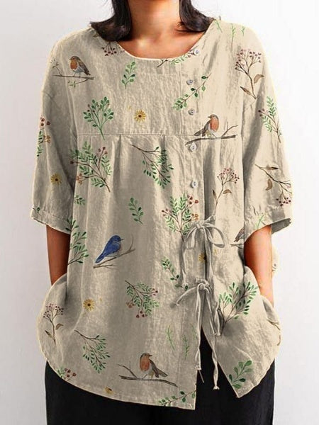 Boughs And Robin Birds Pattern Printed Women's Casual Cotton And Linen Shirt