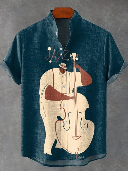 Decorative Pattern Of Jazz Cellist Playing Casual 100% Cotton Shirt