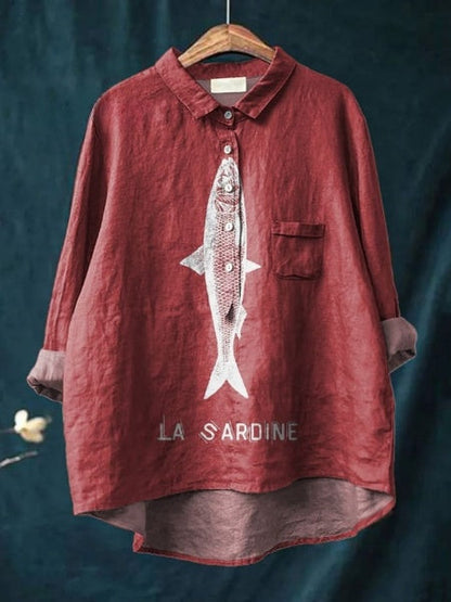 Sardine Fish Graphic Printed Women's Casual Cotton And Linen Shirt