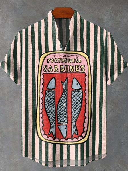 Green Striped Sardines Vintage Print Casual 100% Cotton Shirt