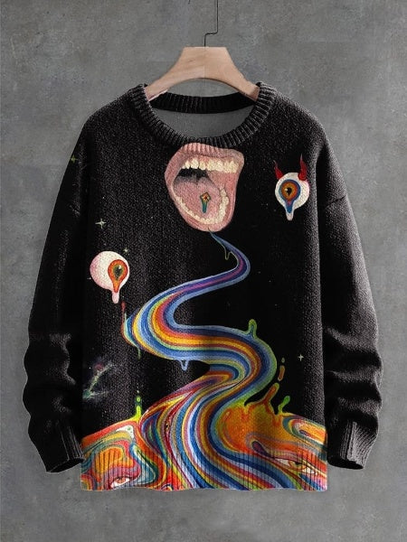 Multicolor Retro Fantasy Eyes Halloween Art Print Knit Pullover Sweater