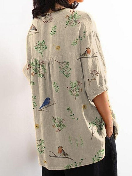 Boughs And Robin Birds Pattern Printed Women's Casual Cotton And Linen Shirt