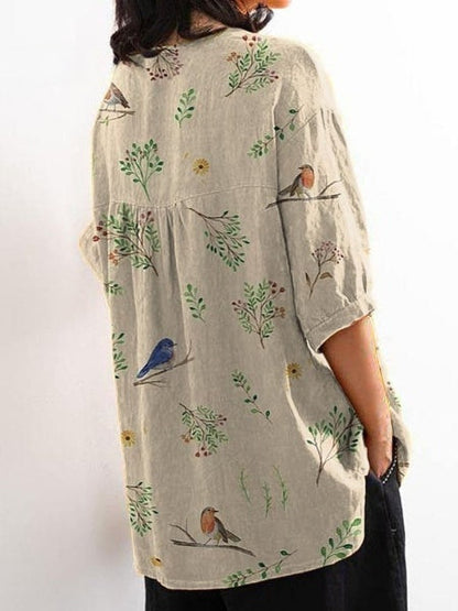 Boughs And Robin Birds Pattern Printed Women's Casual Cotton And Linen Shirt