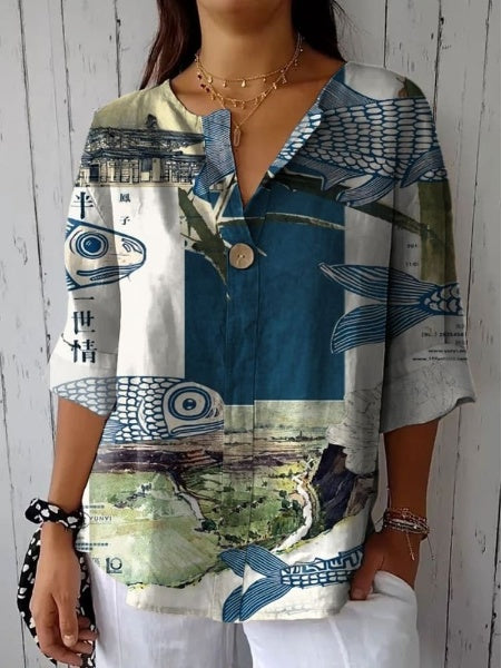 Women's Fish Art Print Casual Cotton Linen Shirt