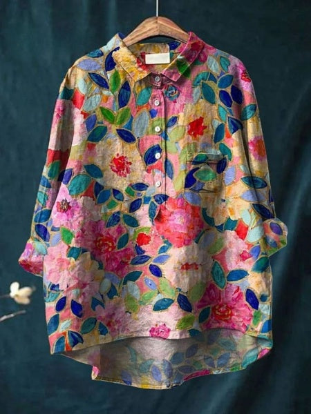 Women's Flower Print Casual Cotton And Linen Shirt